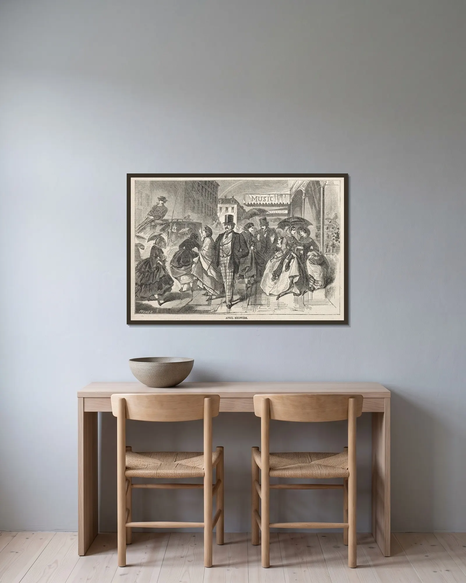 April Showers av Winslow Homer inramad på en vägg
