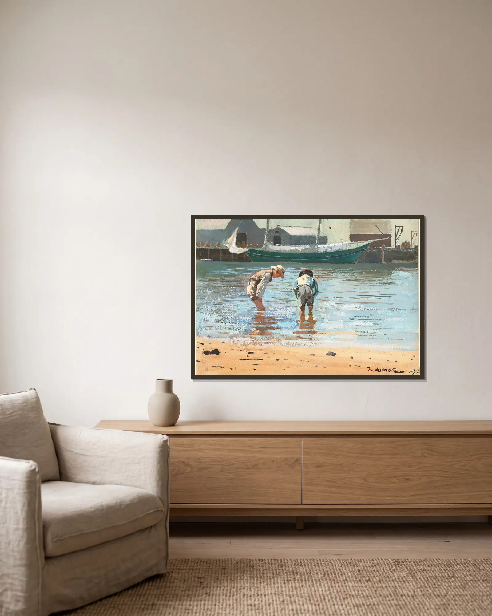 Boys Wading av Winslow Homer inramad på en vägg
