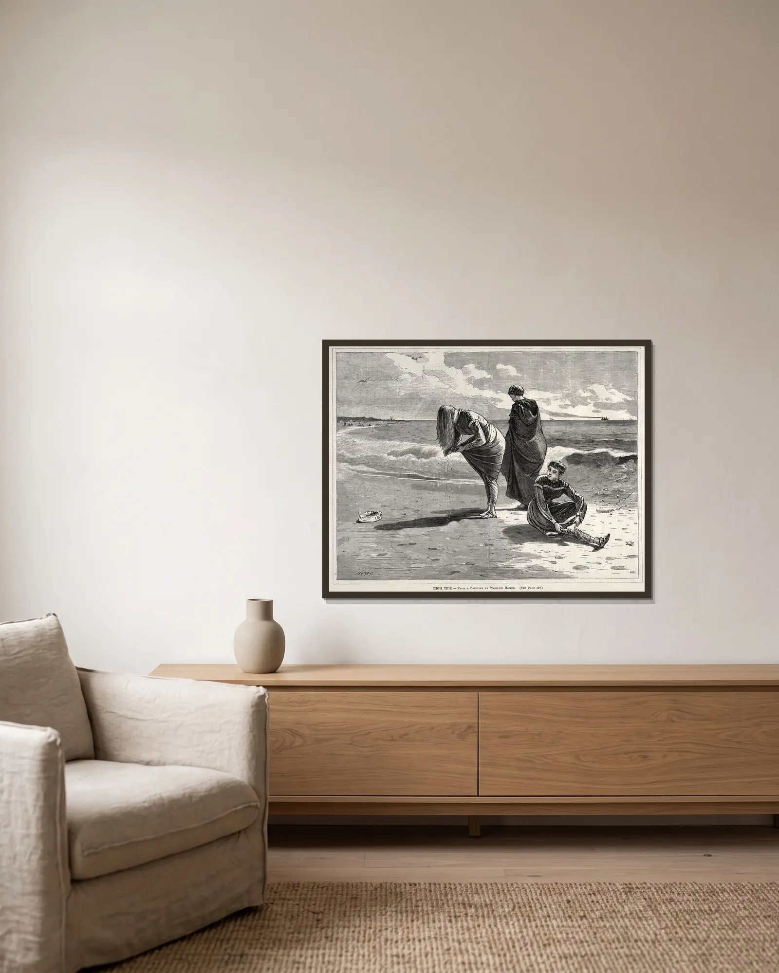 High Tide av Winslow Homer inramad på en vägg