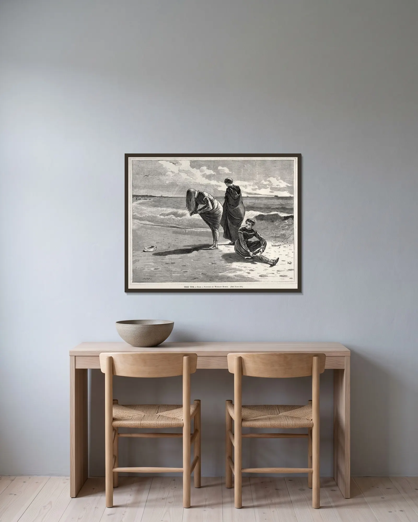 High Tide av Winslow Homer inramad på en vägg