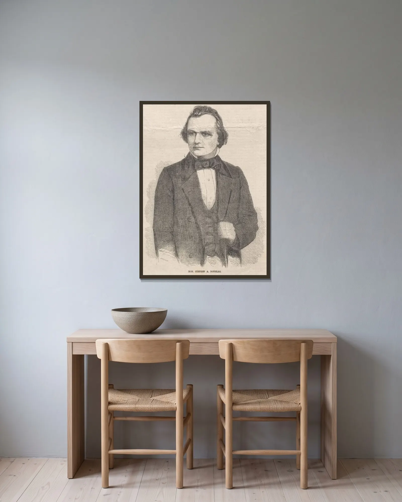 Hon. Stephen A. Douglas av Winslow Homer inramad på en vägg
