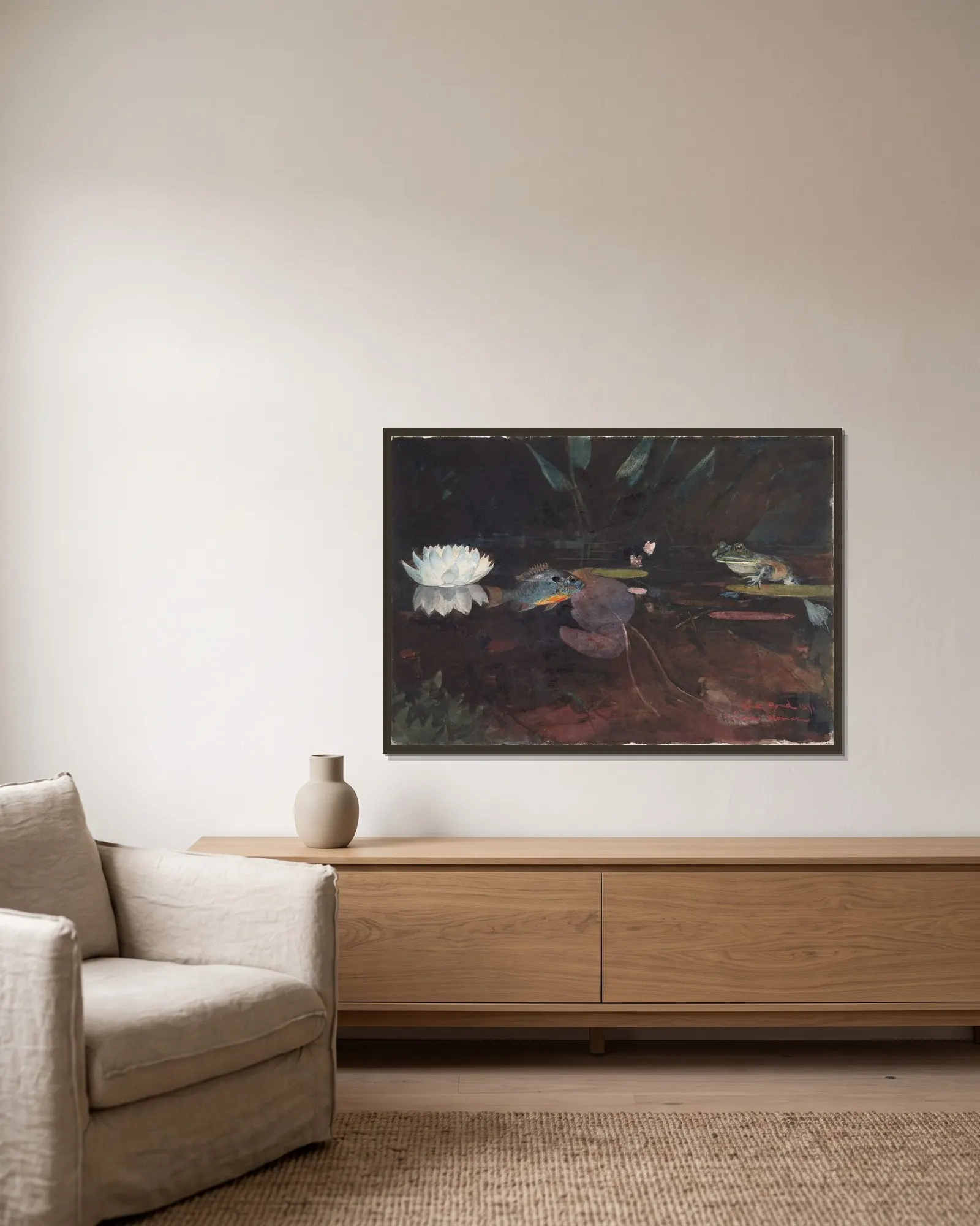 Mink Pond av Winslow Homer inramad på en vägg