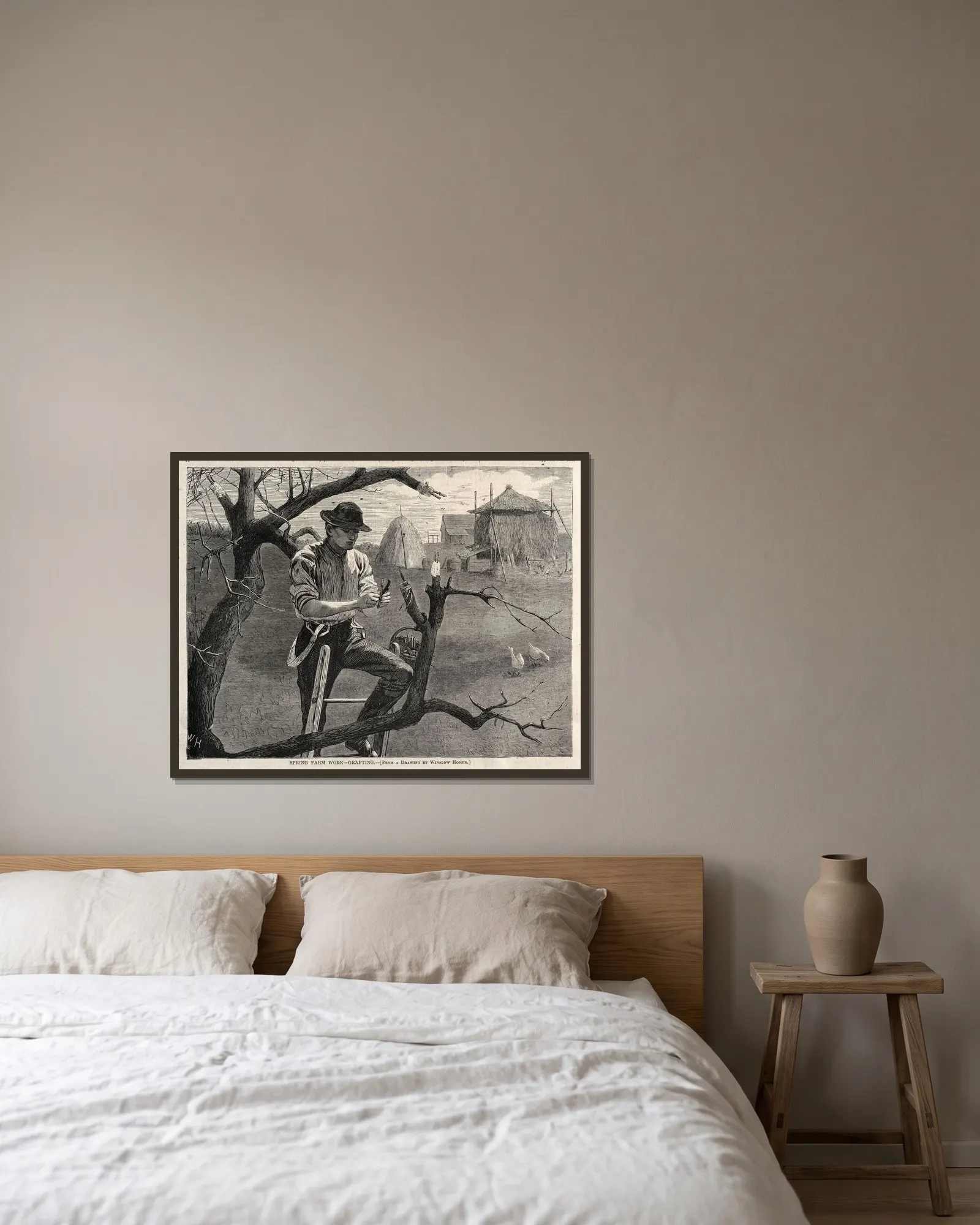 Spring Farm Work – Grafting av Winslow Homer inramad på en vägg