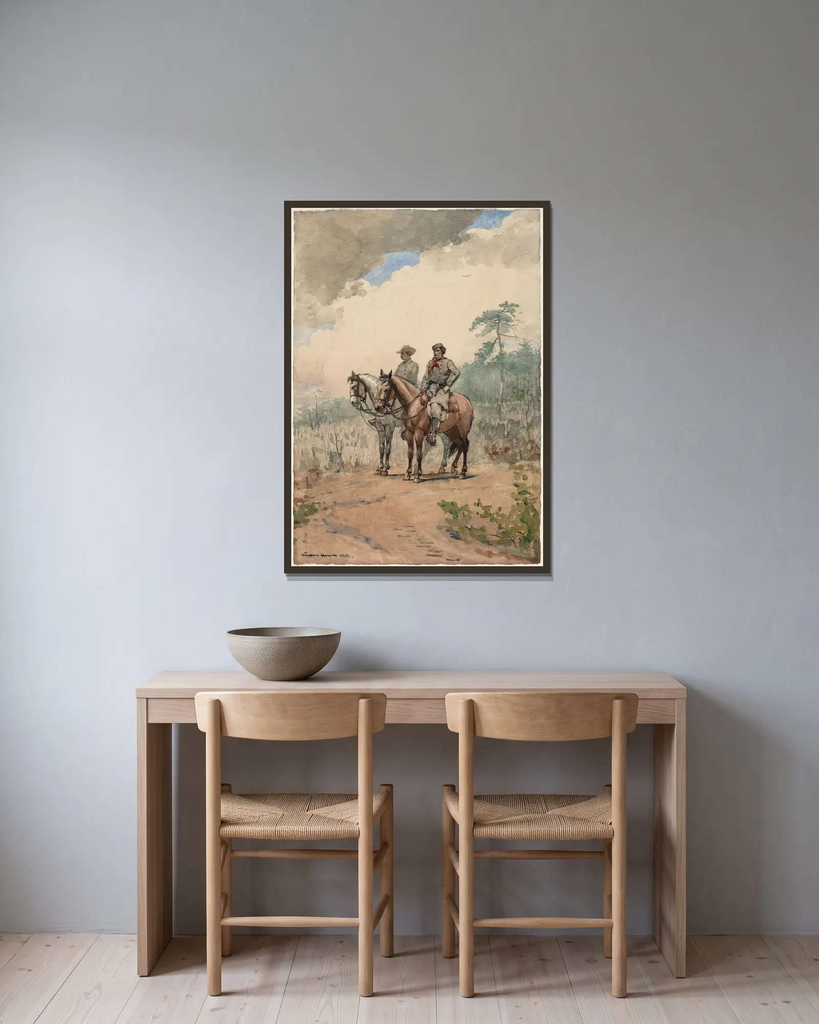 Two Scouts av Winslow Homer inramad på en vägg