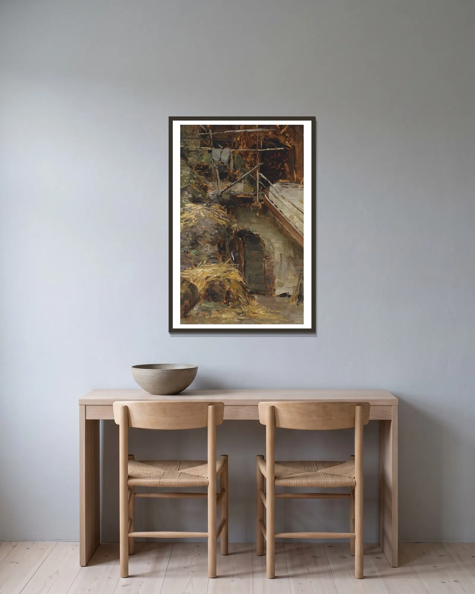 Studie zu einem Stallinterieur av Olga Wisinger-Florian inramad på en vägg