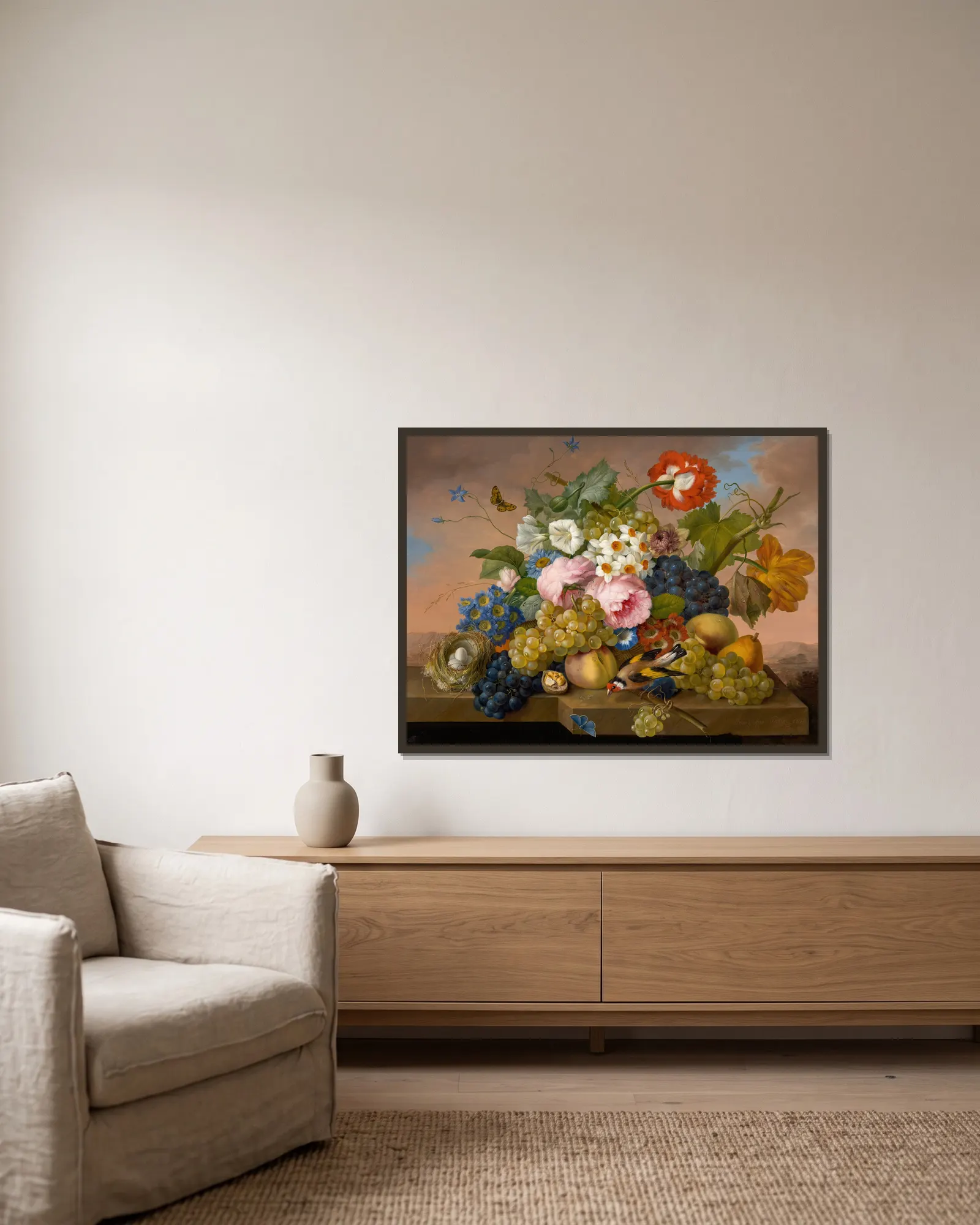 Blumenstillleben av Franz Xaver Petter inramad på en vägg
