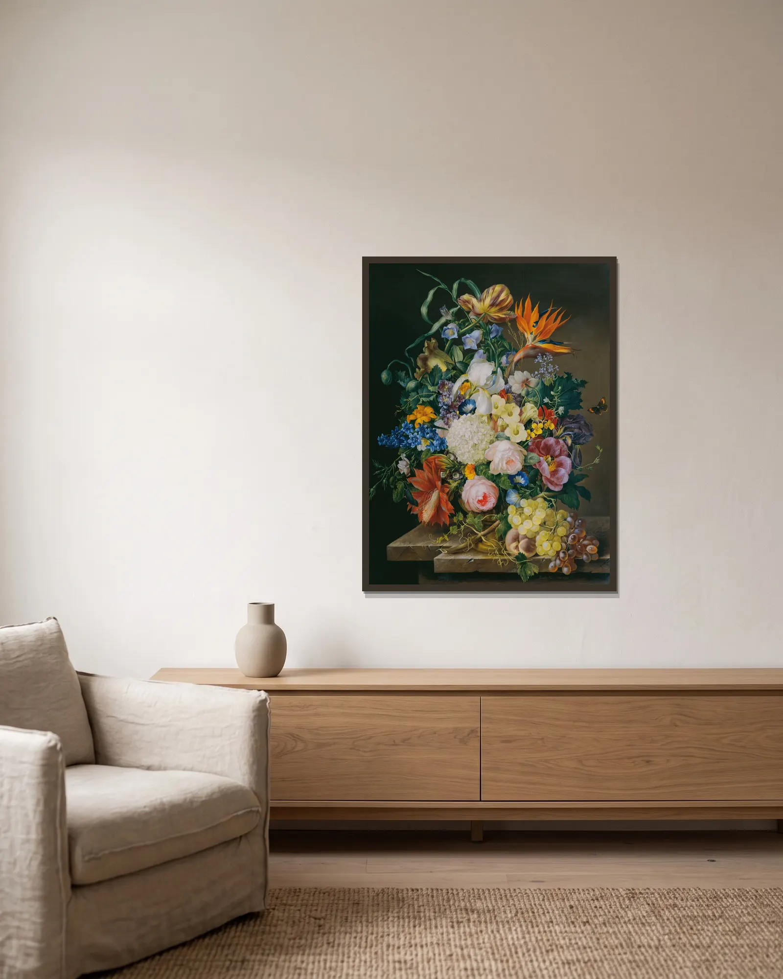 Blumenstück av Franz Xaver Petter inramad på en vägg