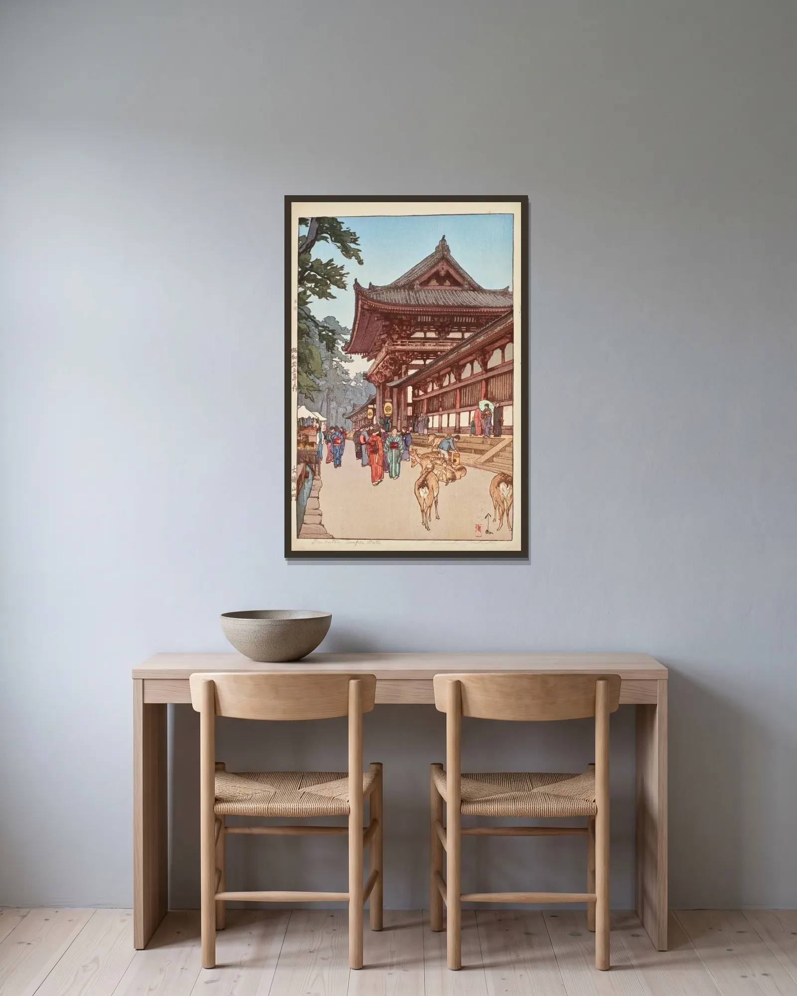 Daibutsu sanmon av Yoshida Hiroshi inramad på en vägg