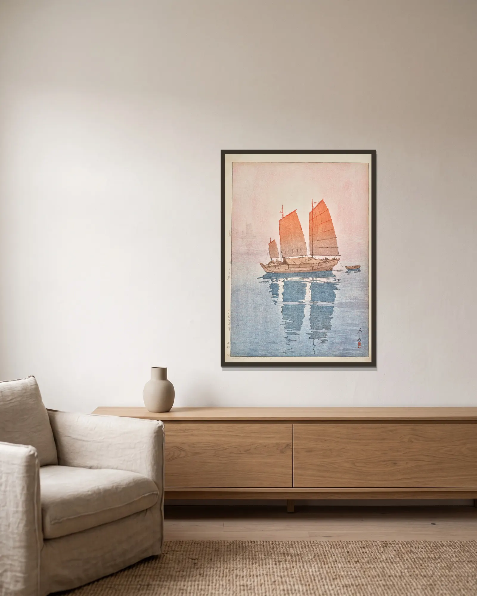 Hansen asa (Sailing boats, morning) av Yoshida Hiroshi inramad på en vägg