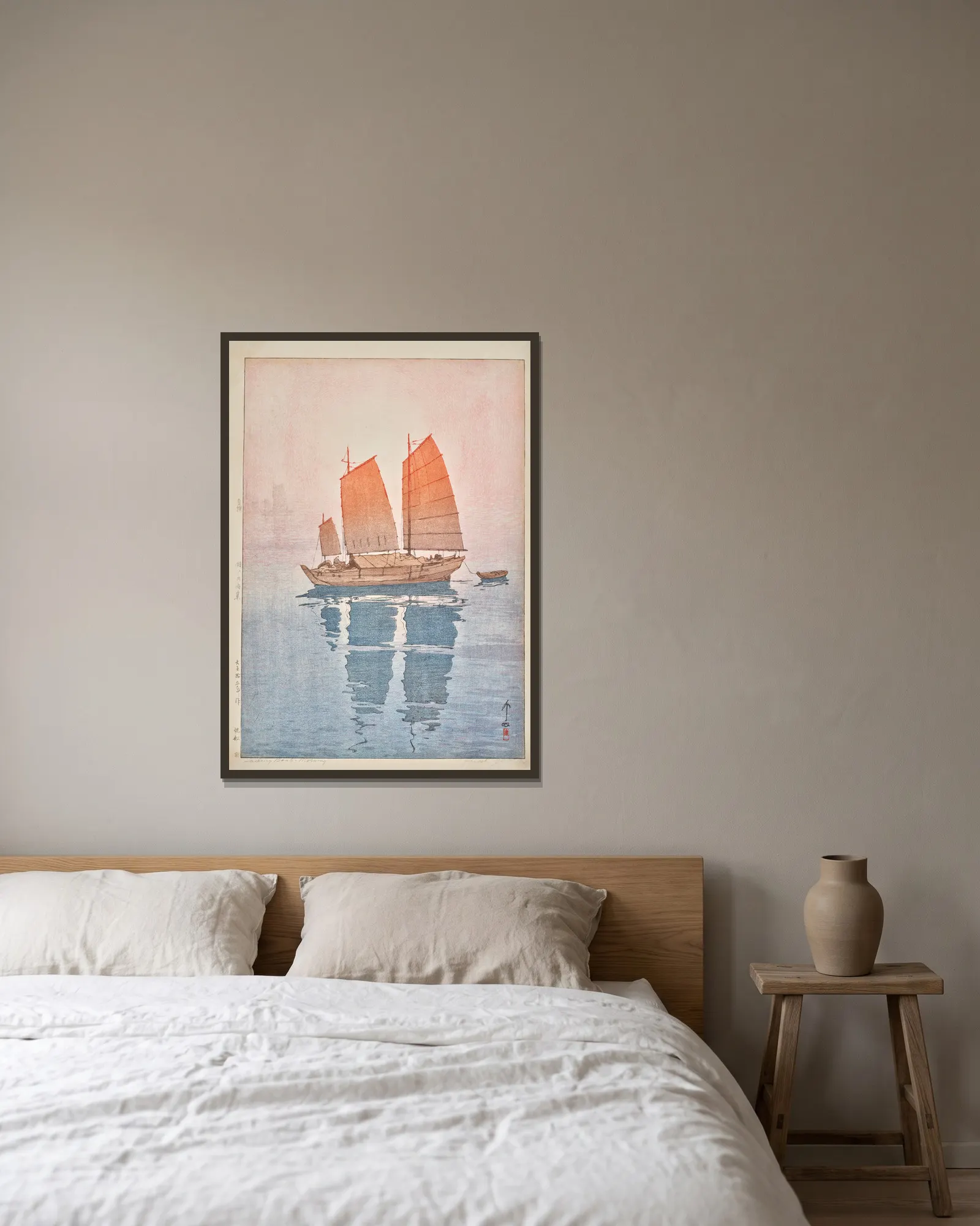 Hansen asa (Sailing boats, morning) av Yoshida Hiroshi inramad på en vägg