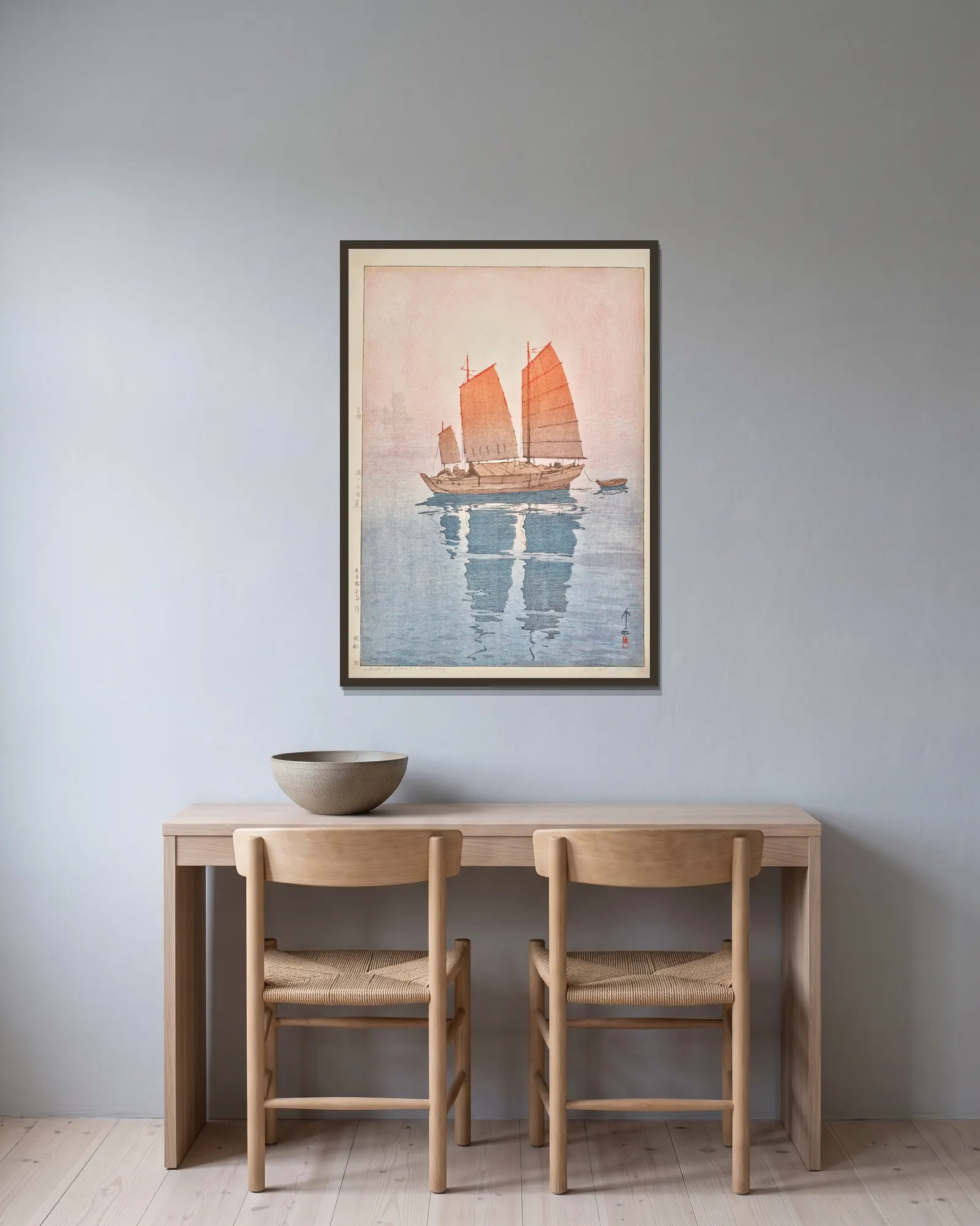 Hansen asa (Sailing boats, morning) av Yoshida Hiroshi inramad på en vägg