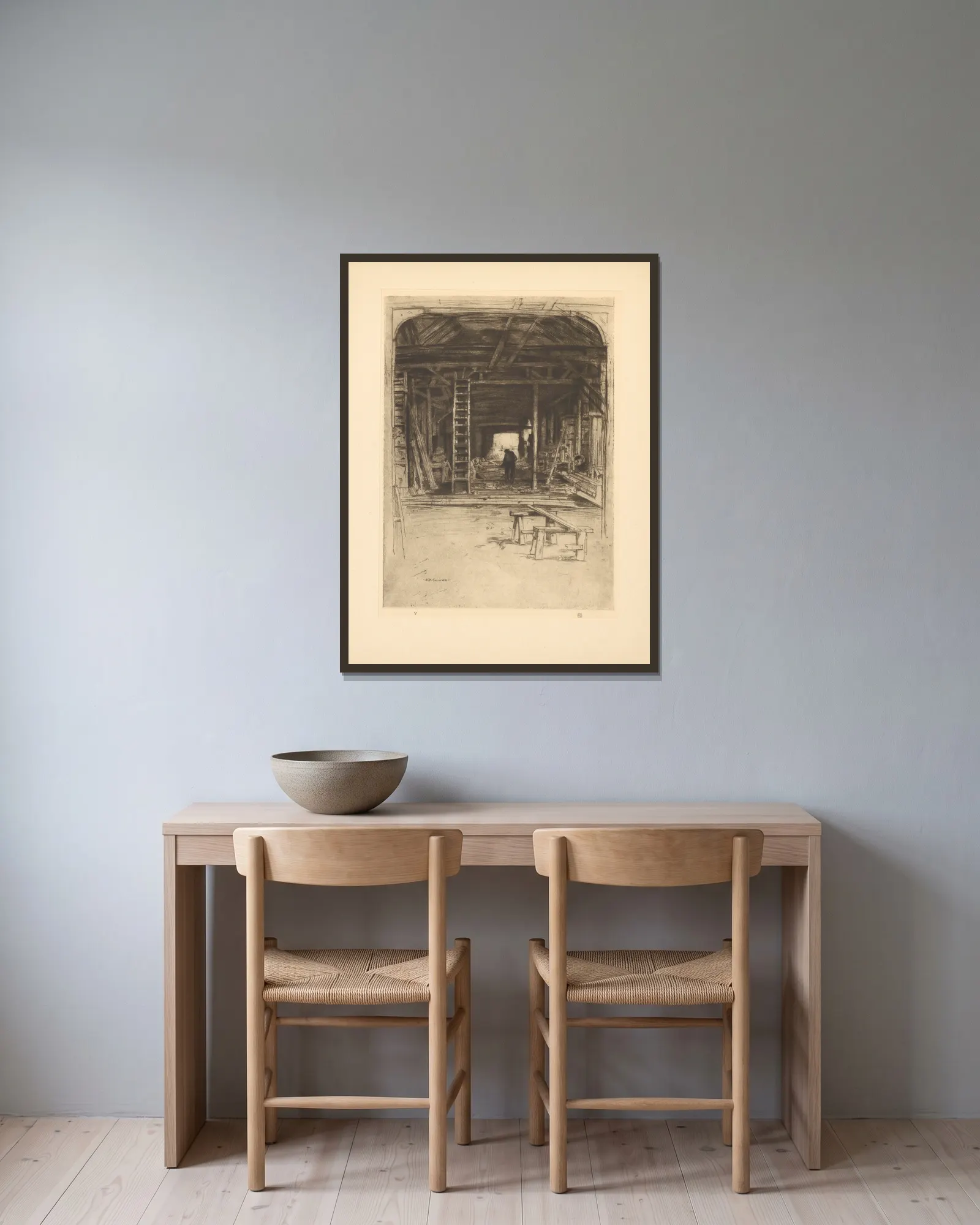Robert Lee’s Workshop (19th century) av David Young Cameron inramad på en vägg
