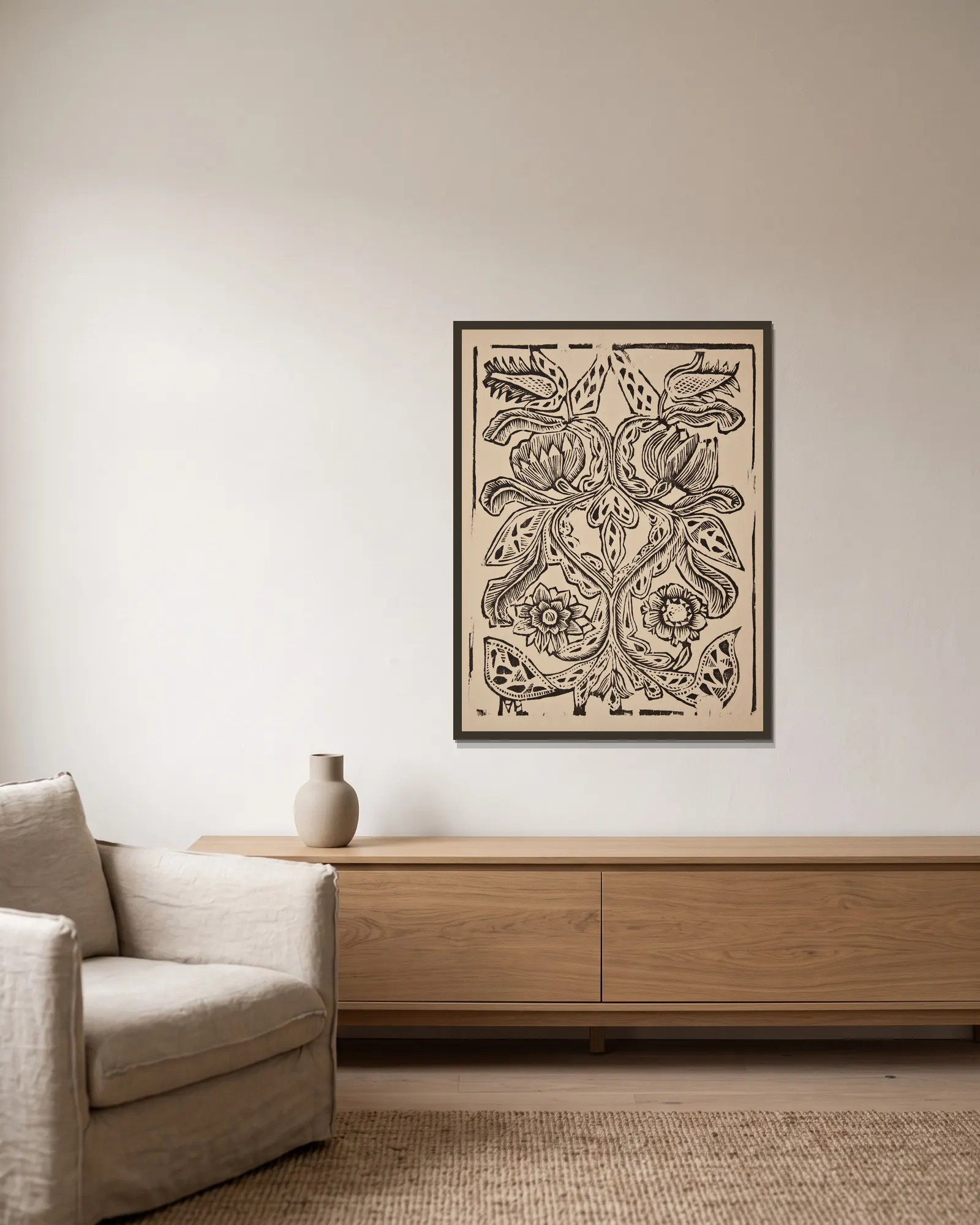 Coltre (stylised flowers) av Zygmunt Łazarski inramad på en vägg