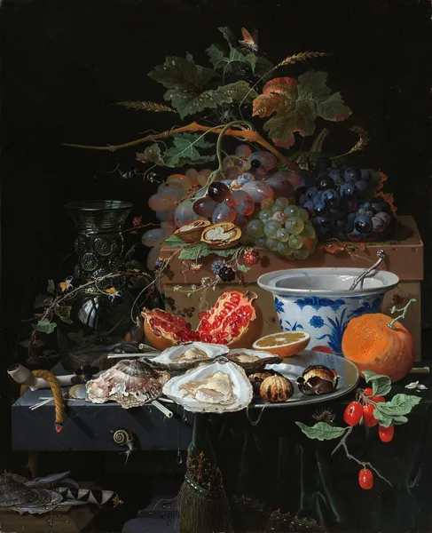 Still Life with Fruit, Oysters, and a Porcelain Bowl av Abraham Mignon