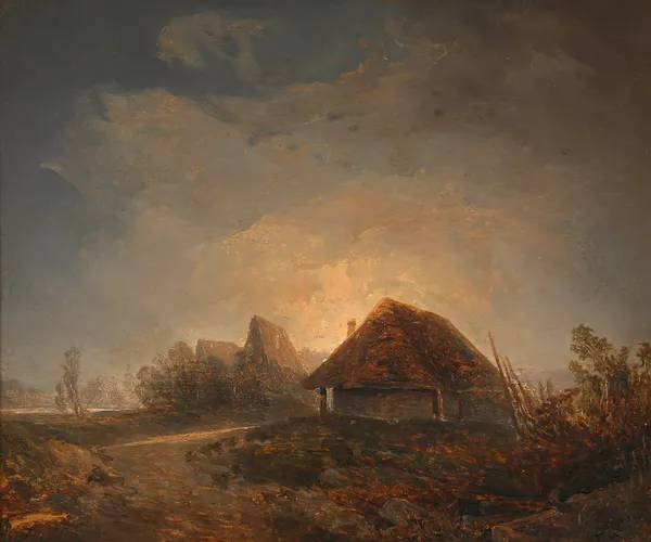 Westungarische Landschaft mit Hütten und aufgehendem Mond av Adalbert Stifter