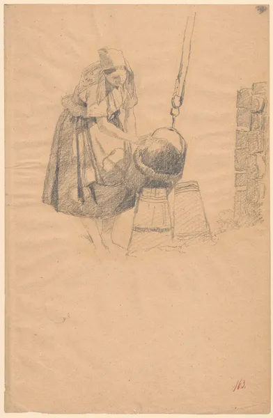 Woman making butter av Adolf Dressler