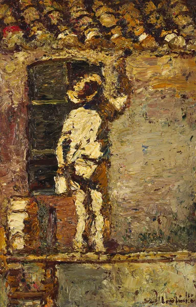 A painter at work on a house wall av Adolphe Monticelli