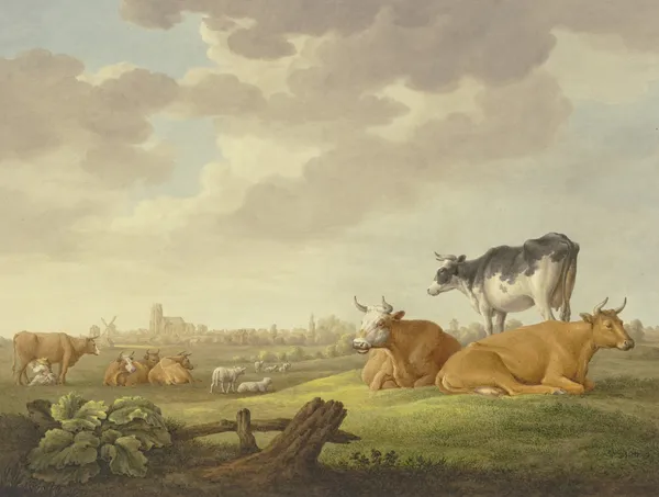 Auf einer Wiese Kühe und Schafe, in der Ferne eine Stadt, links eine Melkerin av Aelbert Cuyp