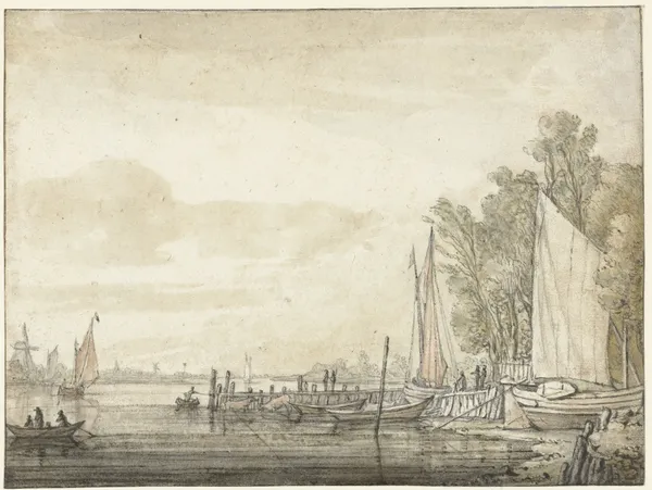 Boten bij een steiger in een rivier av Aelbert Cuyp