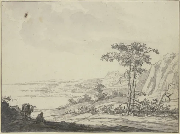 Gebirgslandschaft am Meer, links ein sitzender Mann bei einem Esel av Aelbert Cuyp