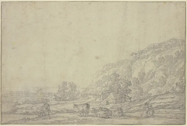 Landschaft mit zwei Hütten, rechts hohe Berge, vorne fünf Kühe av Aelbert Cuyp