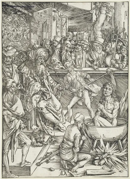 Die Marter des Evangelisten Johannes, aus der Folge der Apokalypse, Urausgabe Deutsch 1498 av Albrecht Dürer