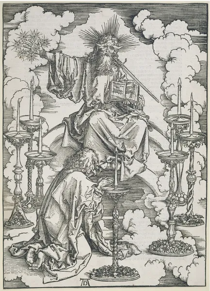 Johannes erblickt die sieben Leuchter, aus der Folge der Apokalypse, Latein-Ausgabe 1511 av Albrecht Dürer