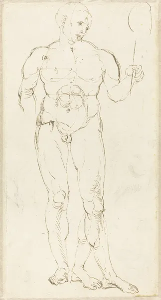 Male Nude Holding a Mirror (recto) av Albrecht Dürer