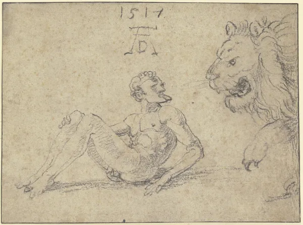 Sitzender nackter Mann mit einem Löwen av Albrecht Dürer