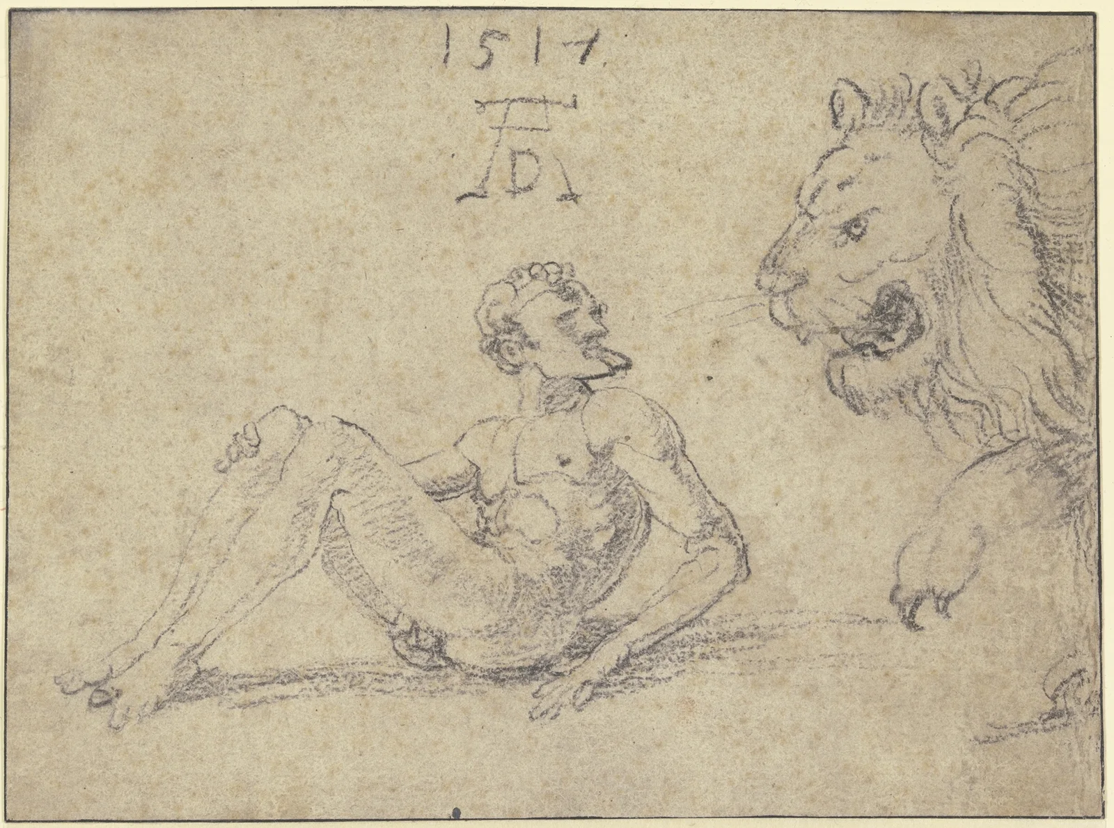 Sitzender nackter Mann mit einem Löwen av Albrecht Dürer