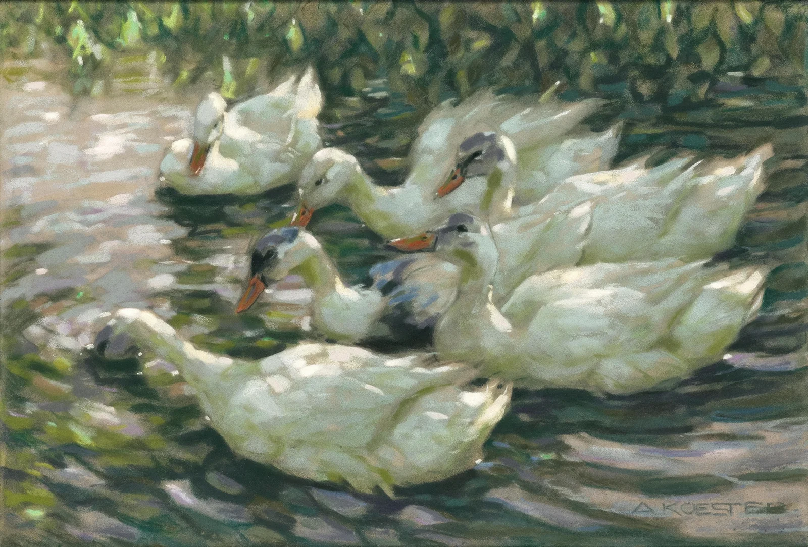 Six ducks under a willow tree av Alexander Koester