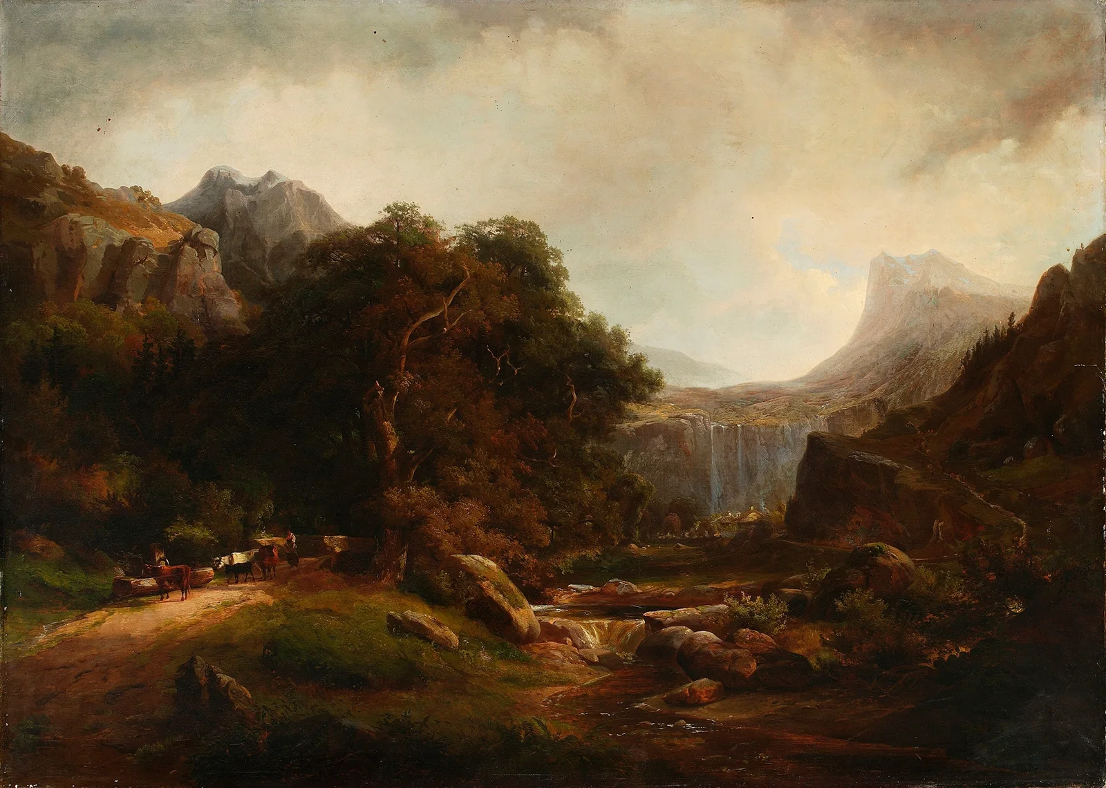 Mountainous landscape with waterfall av Alexandre Calame