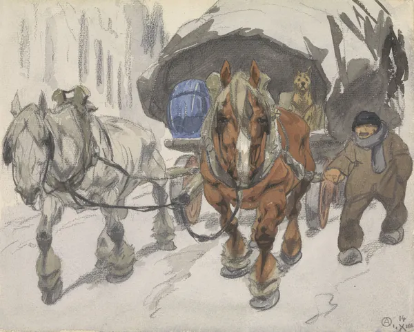 Boerenwagen met twee paarden ervoor av Alfred Ost