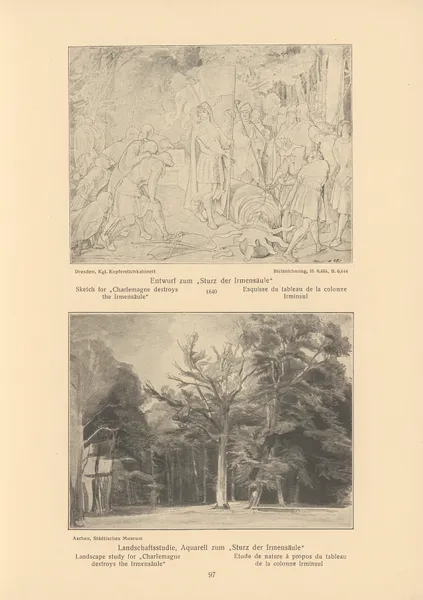 Sketch and landscape study for ‘Charlemagne destroys the Irmensäule’ av Alfred Rethel