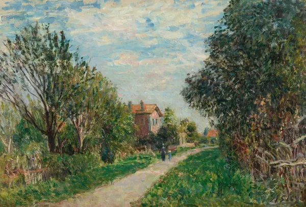 Femme et enfant sur le chemin des près, Sèvres av Alfred Sisley