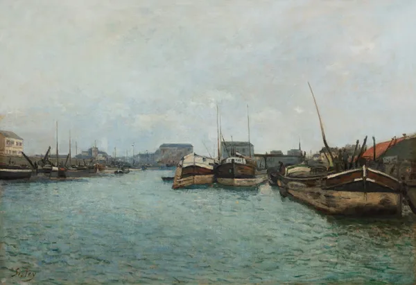 Vue d’un port, les péniches av Alfred Sisley