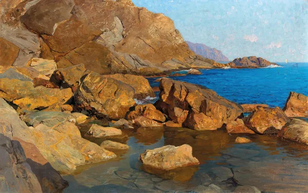 Felsige Küste bei Nervi in Abendsonne av Alfred Zoff