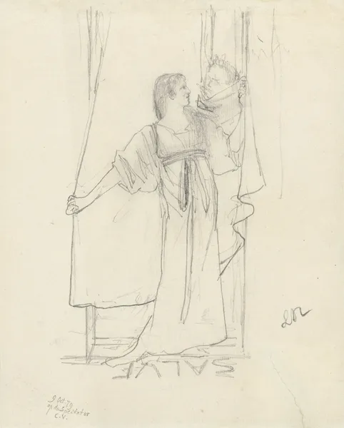 Staande vrouw sprekend met man achter gordijn av Lawrence Alma-Tadema