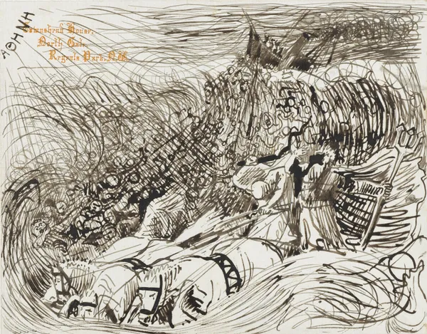Zinkend stoomschip en Neptunus met driespan in de golven av Lawrence Alma-Tadema