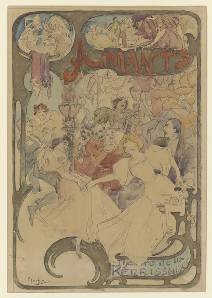 Amants maquette d’affiche hommes et femme entourant des musiciens av Alphonse Mucha