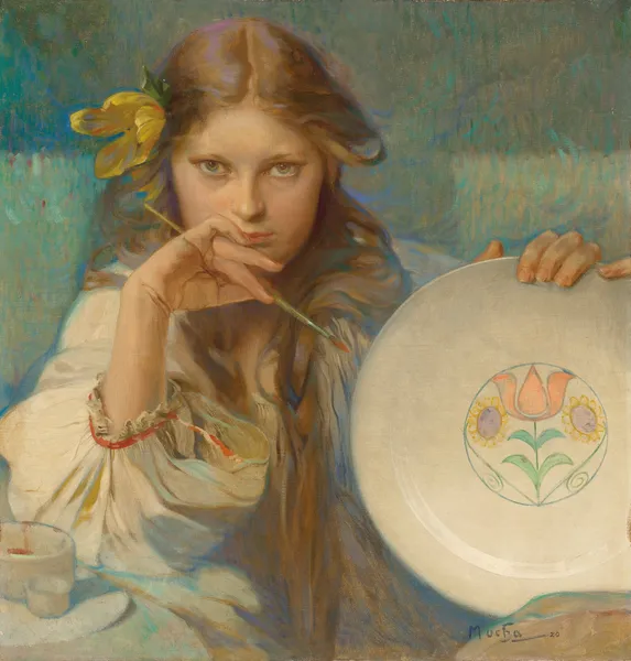 Girl with a Plate with a Folk Motif av Alphonse Mucha