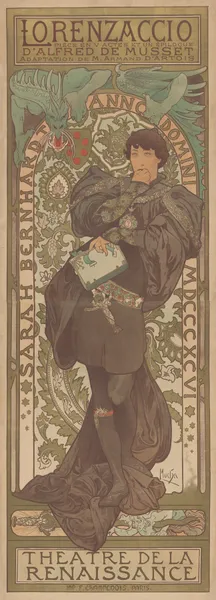 Sarah Bernhardt in Lorenzaccio, Theatre de la Renaissance av Alphonse Mucha