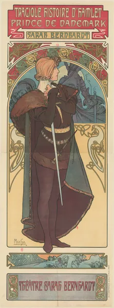 Tragique histoire d’Hamlet, prince de Danemark, Sarah Bernhardt. Théâtre Sarah Bernhardt av Alphonse Mucha