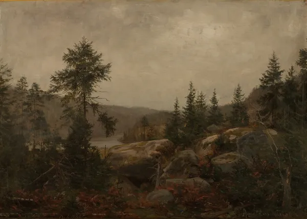 Duskregn . Gården Foss, Mandalselven av Amaldus Nielsen
