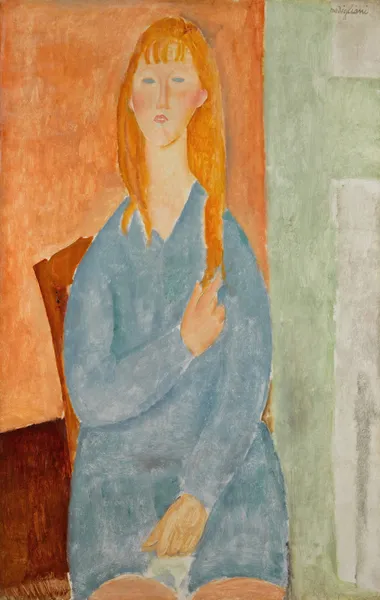 Jeune fille assise, les cheveux dénoués (Jeune fille en bleu) av Amedeo Modigliani