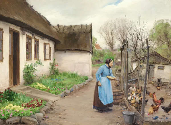 Kone, der fodrer høns foran et hvidkalket bondehus en efterårsdag av Hans Andersen Brendekilde