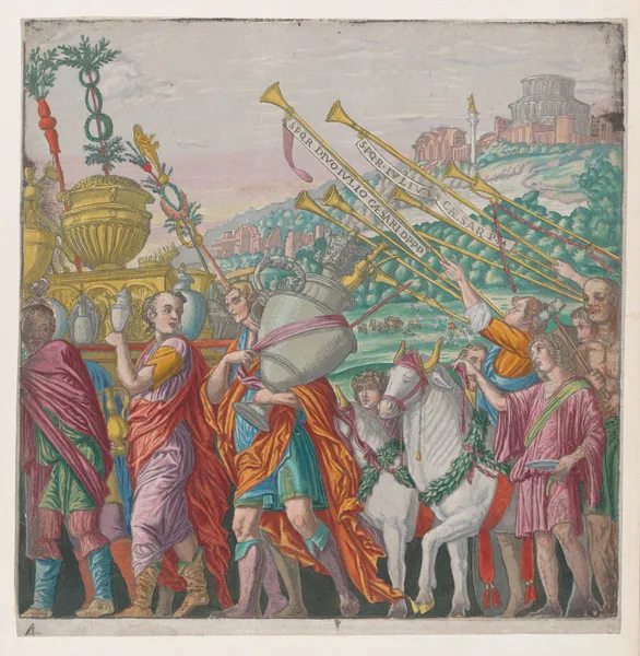 Men carrying trophies at left, trumpeters at right av Andrea Mantegna
