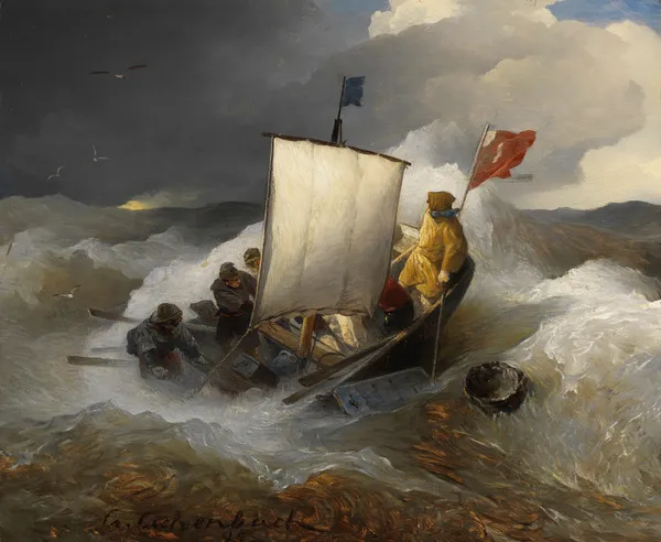 Fischerboot auf stürmischer See av Andreas Achenbach