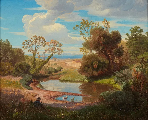 Italienische Landschaft mit einem Jäger und seinem Hund av Andreas Achenbach
