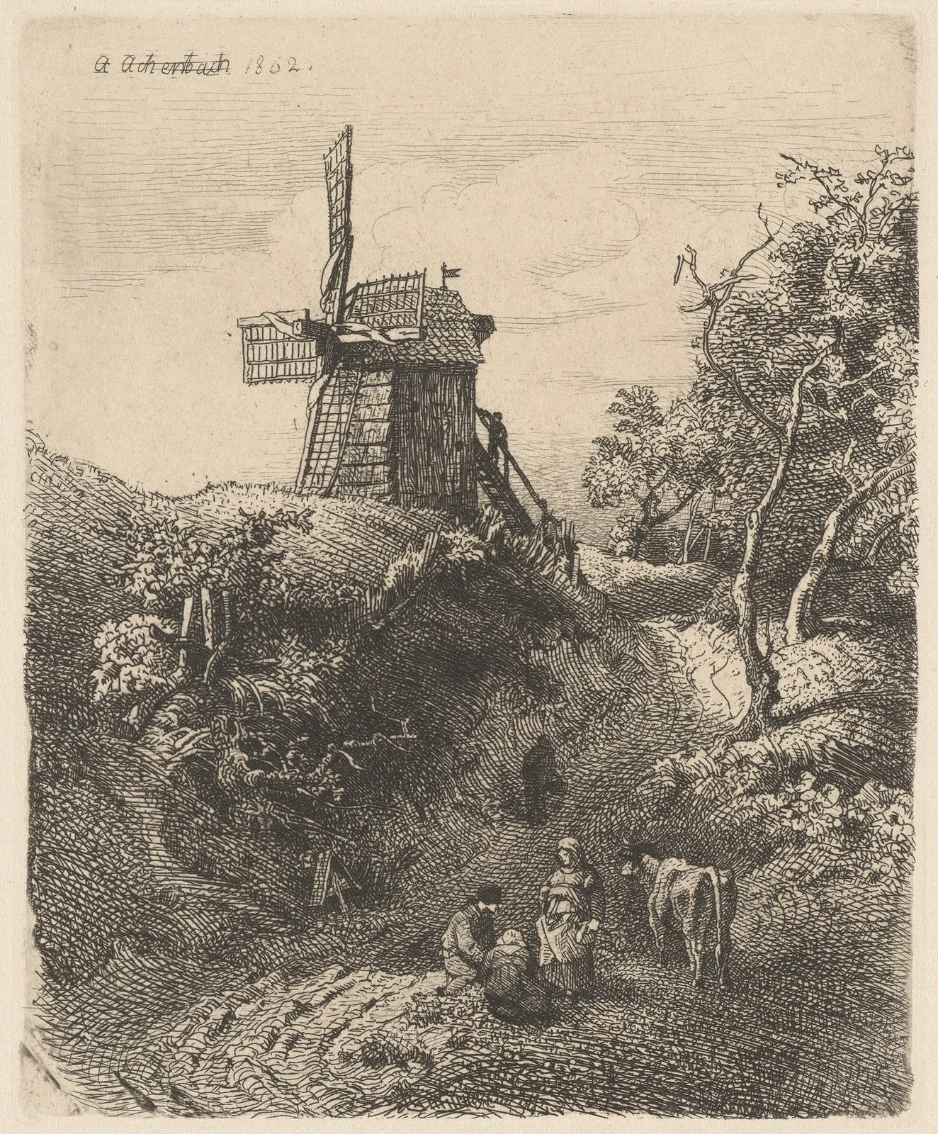 Landscape with a Windmill on a Hill av Andreas Achenbach
